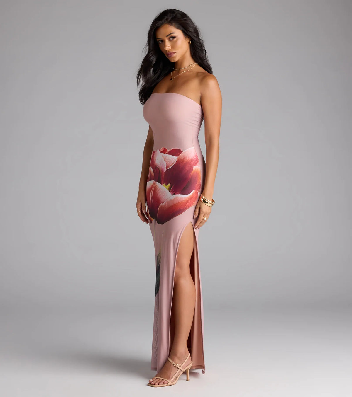 Statement Blooms Strapless Floral Maxi Dress