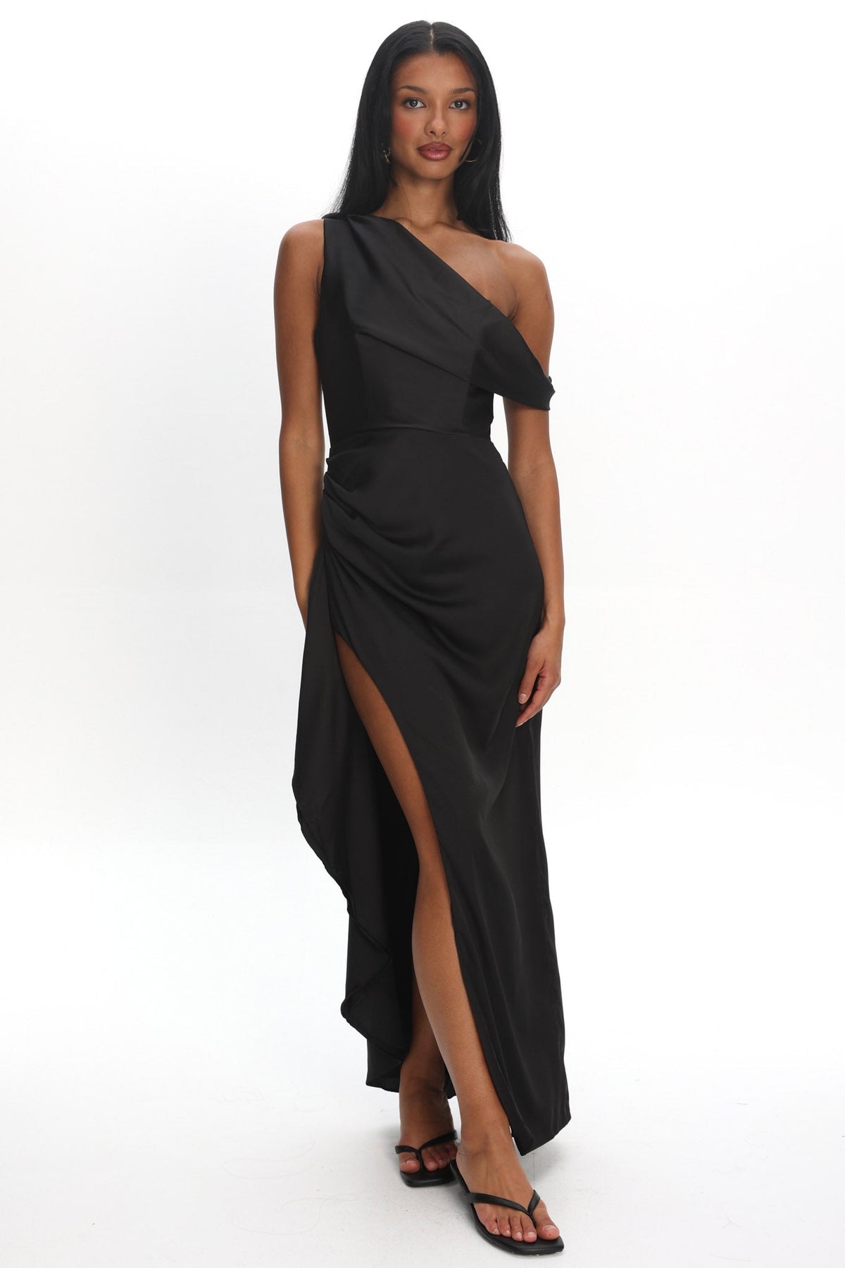 Sensations Off Shoulder Satin Maxi Dress Black