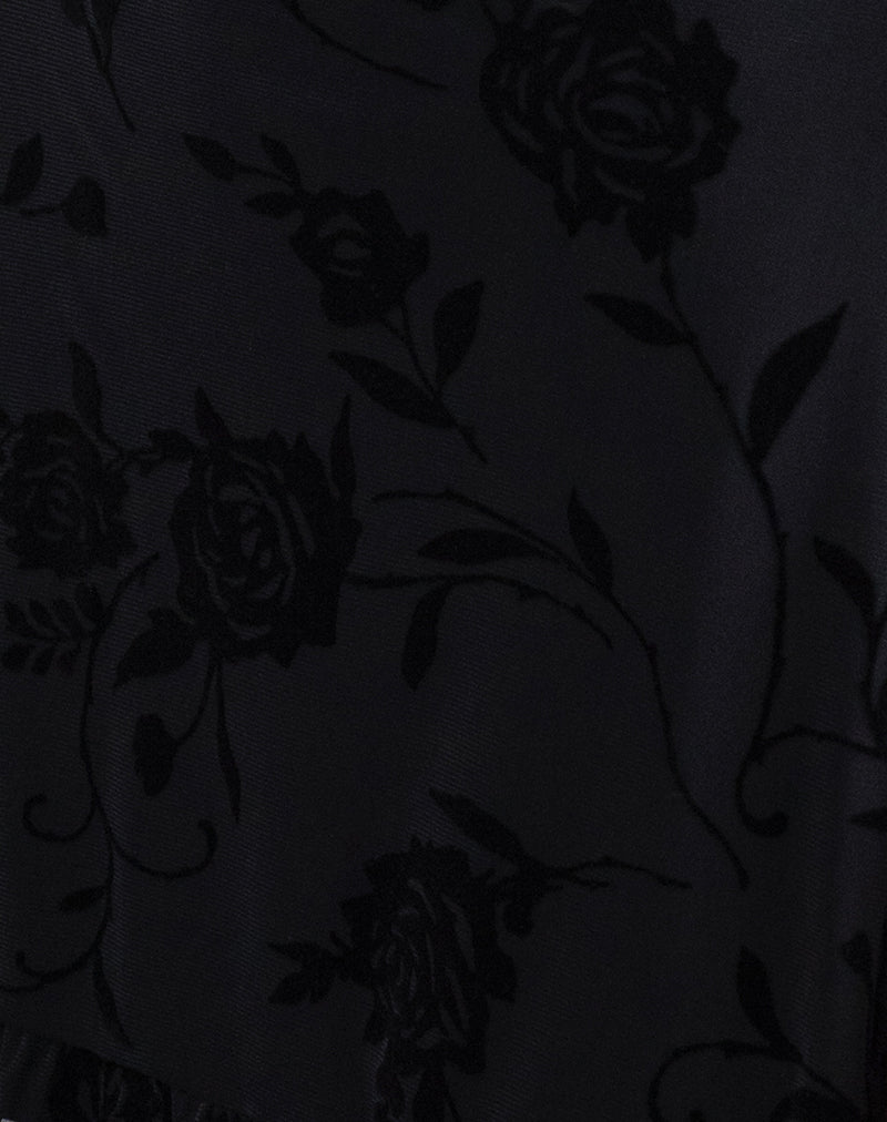 Motya Halterneck Mini Dress in Floral Rose Flocked Black