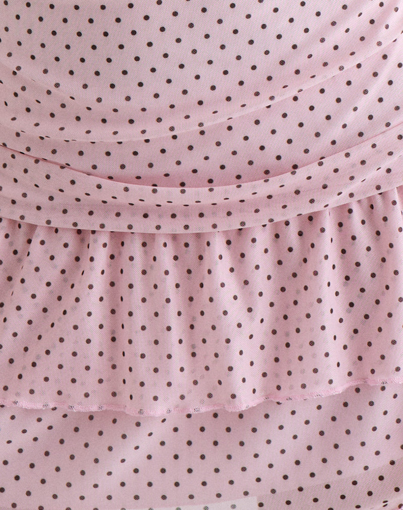 Mowgli Cap Sleeve Mini Dress in Baby Pink with Micro Polka Black