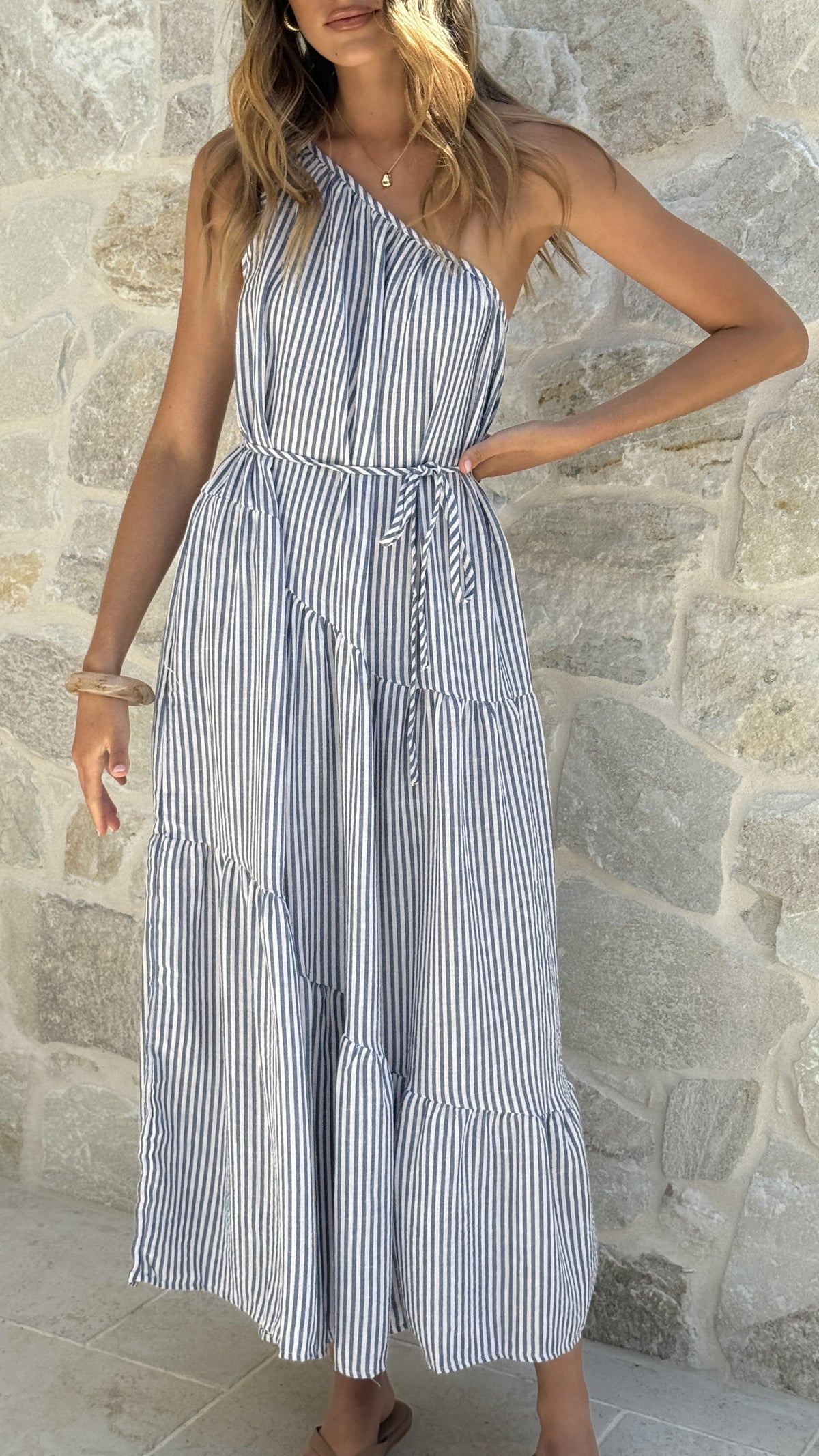 Wendy One Shoulder Maxi Dress - Blue / White Stripe