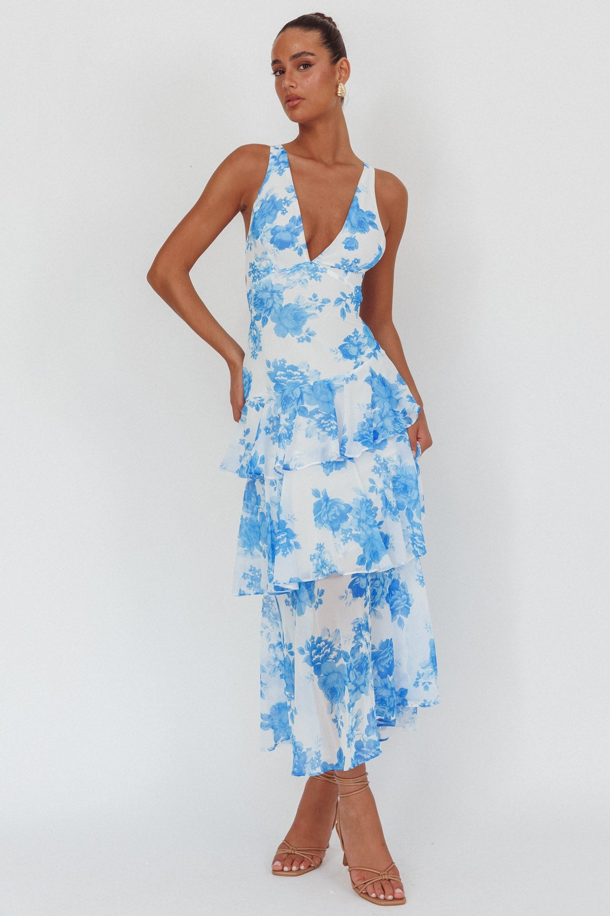 Veda Strappy Back Ruffle Maxi Dress Roses Blue