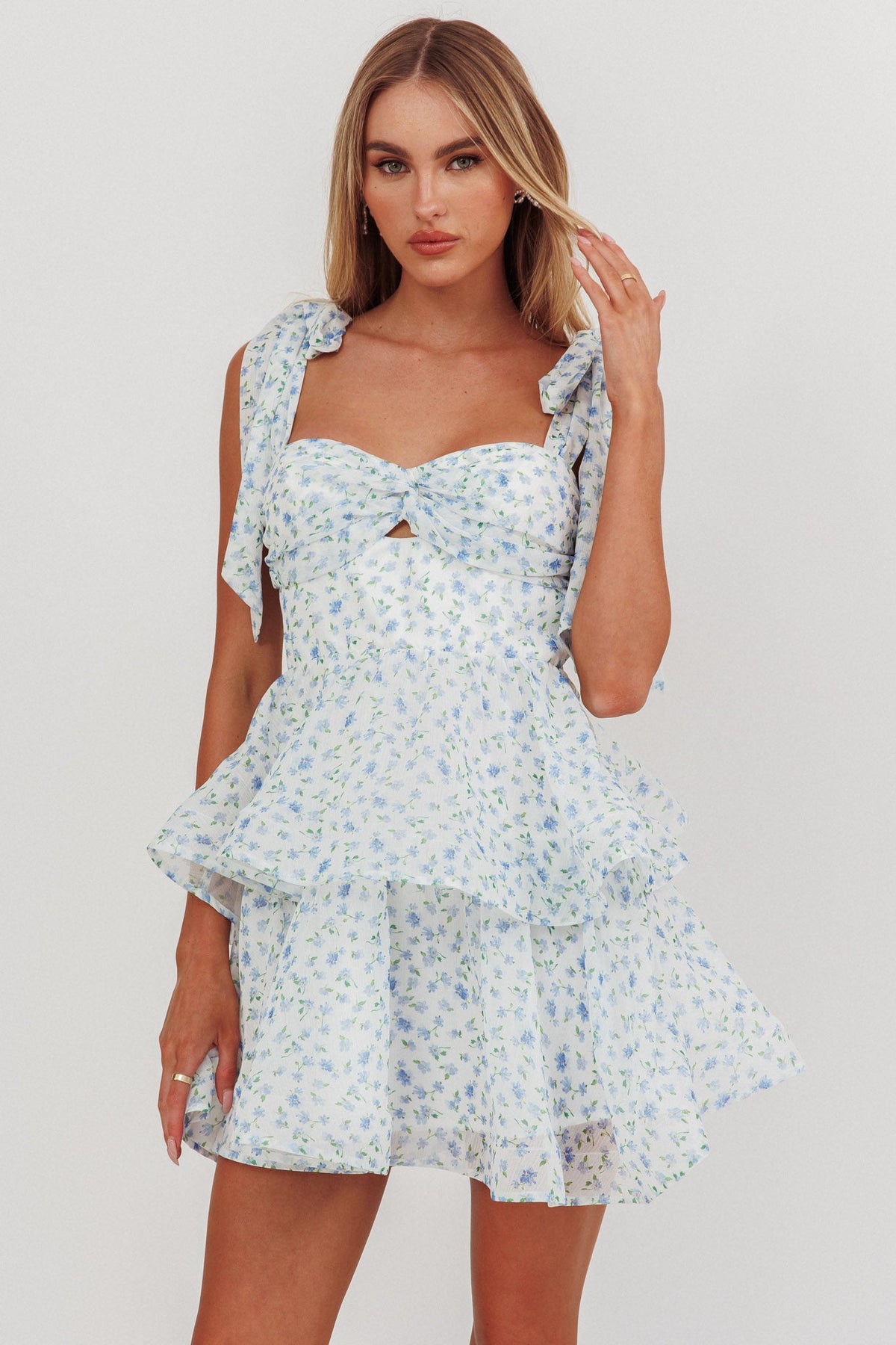 Oliana Tied Shoulder Tiered Mini Dress Floral Blue