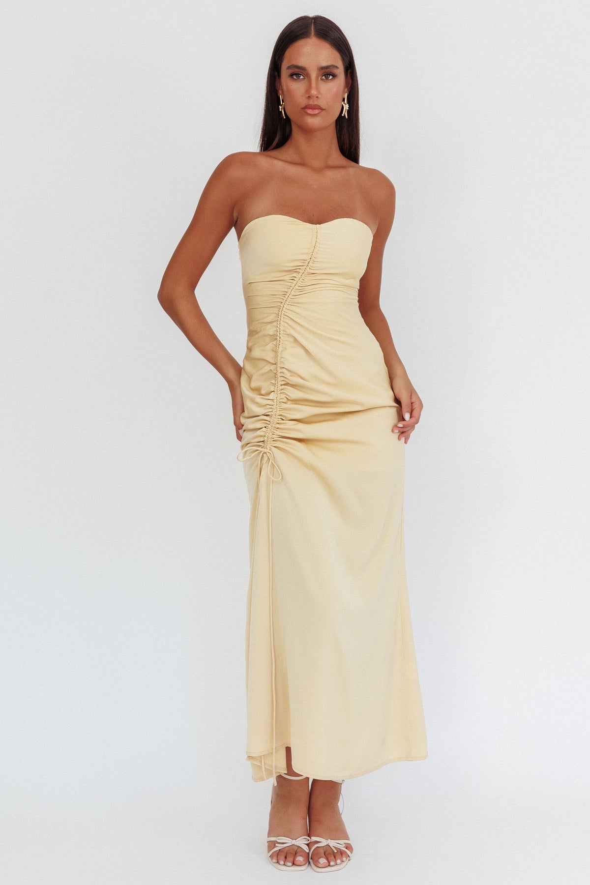 Molinda Strapless Ruched Drawstring Maxi Dress Golden