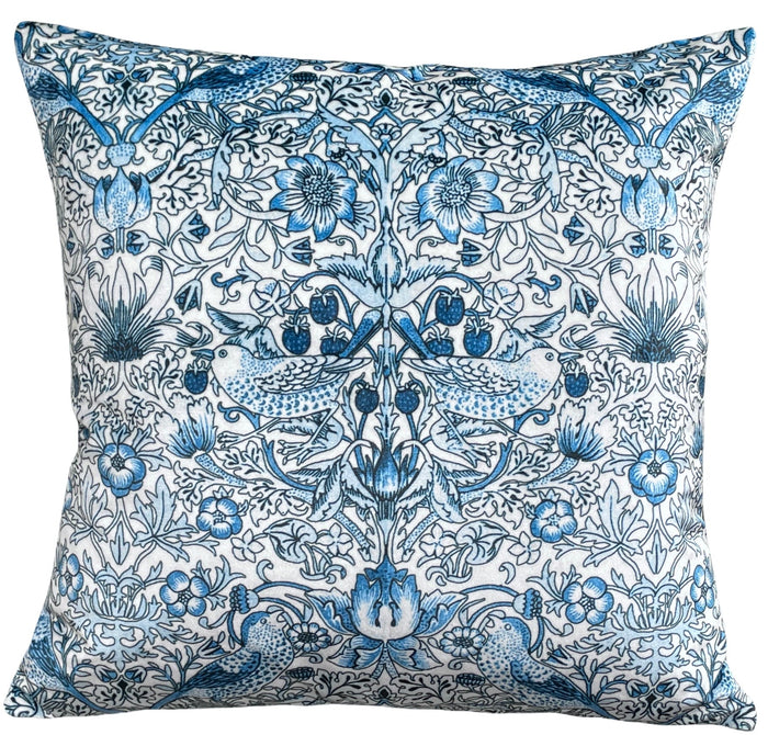 Blue & White William Morris "Strawberry Thief" Velvet Pillow Cover - Annabel Bleu