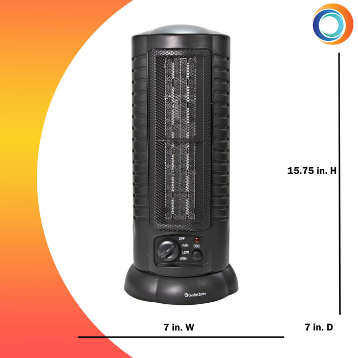 Comfort Zone 1500 Watt Mini Oscillating Ceramic Tower Heater, Black