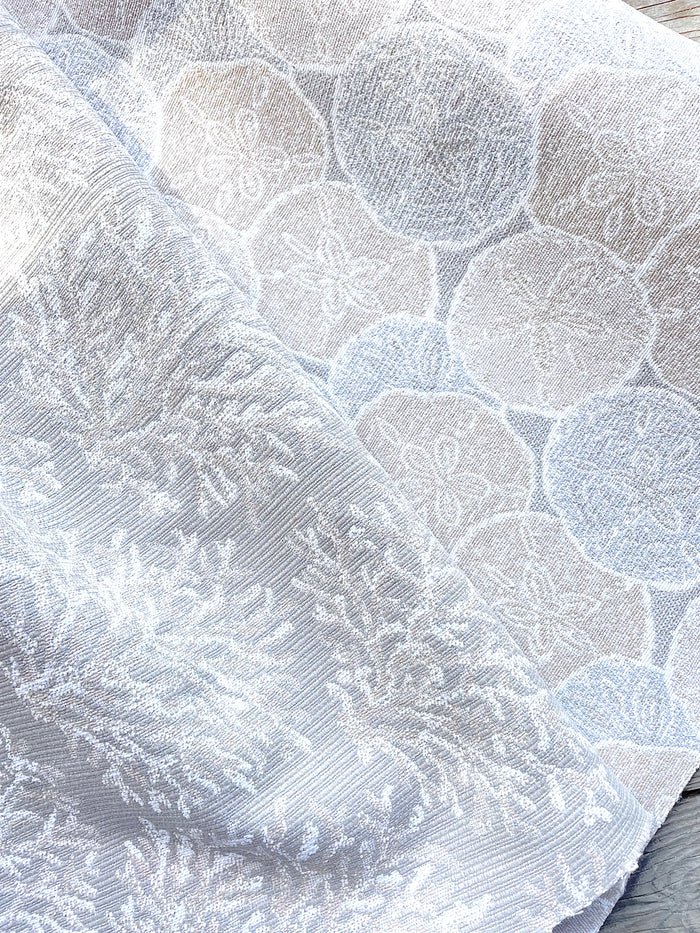 Coral Fans Neutral Beige & White Woven Outdoor Upholstery Fabric by the Yard - Annabel Bleu