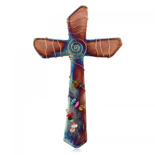 Raku Pottery Cross with Wire Spirals and Stones