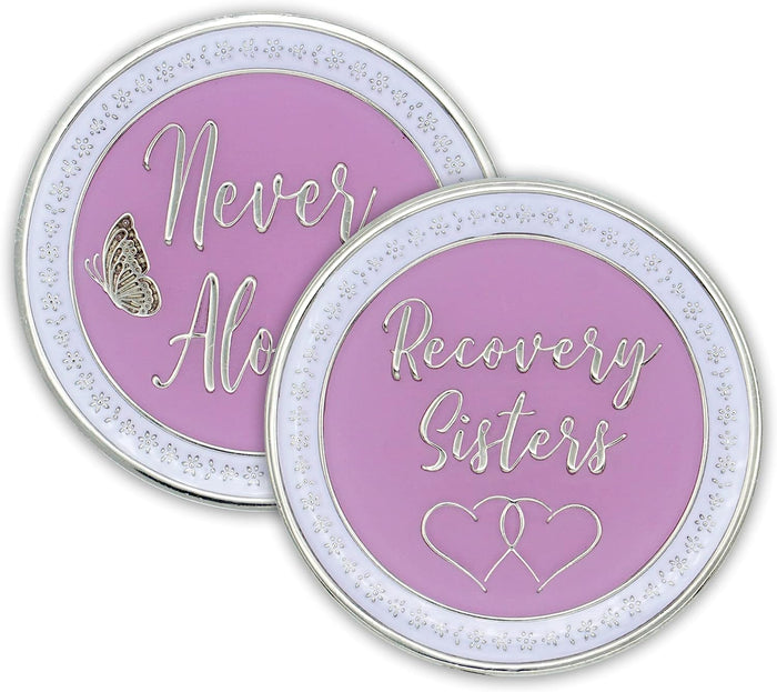 Recovery Sisters - Never Alone AA/NA Affirmation Sobriety Medallion - Pink/White