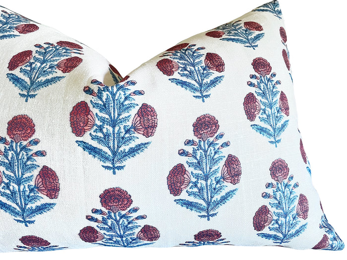 Red & Blue Carnation Bouquet Block Printed Linen Pillow Cover: Available in 10 Sizes - Annabel Bleu