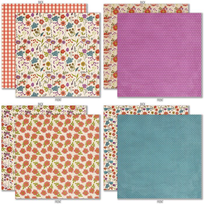 Wildflowers 6x6 Double-Sided Paper Pack, 6x6 double-sided paper pack paper patterns 9 through 16 preview, showing 6x6 scrapbook paper for handmade cards, mini albums, junk journals, paper layering, small-scale layouts, and coordinated paper crafts. Buyer theme: Floral 6x6 Scrapbook Paper for Cards & Mini Albums. Wildflowers 6x6 Double-Sided Paper Pack with scaled gingham, polka dots, berries, strawberries, meadow flowers, birds and botanical patterns for cards and mini albums