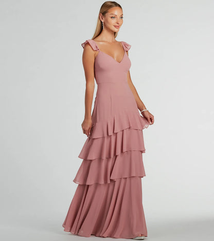 Adalee Flutter Strap Ruffled Chiffon Formal Dress