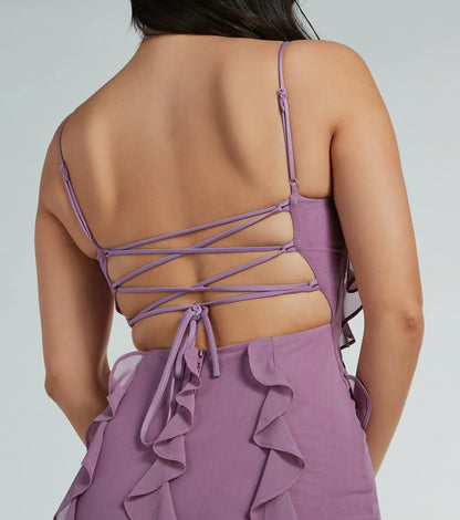 Sophia Lace-Up Ruffle Mermaid Mesh Formal Dress