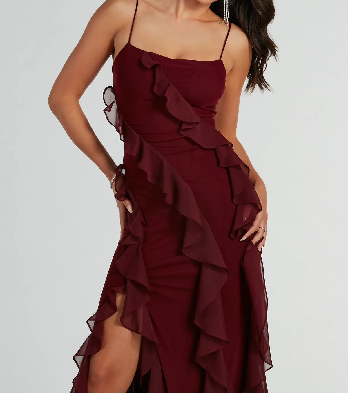 Sophia Lace-Up Ruffle Mermaid Mesh Formal Dress