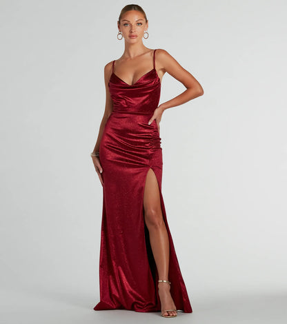 Melody Cowl Neck Mermaid Glitter Satin Formal Dress