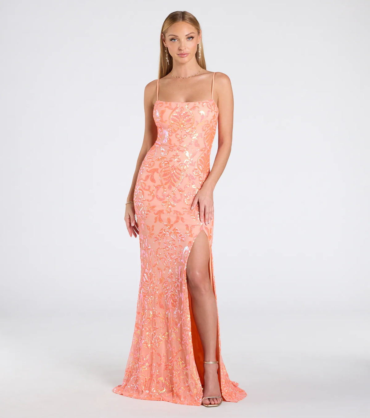 Celina Sequin Lace-Up High Slit Mermaid Dress