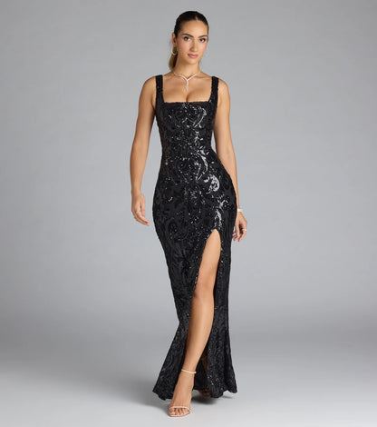 Taylor Lace-Up Slit Sequin Formal Dress