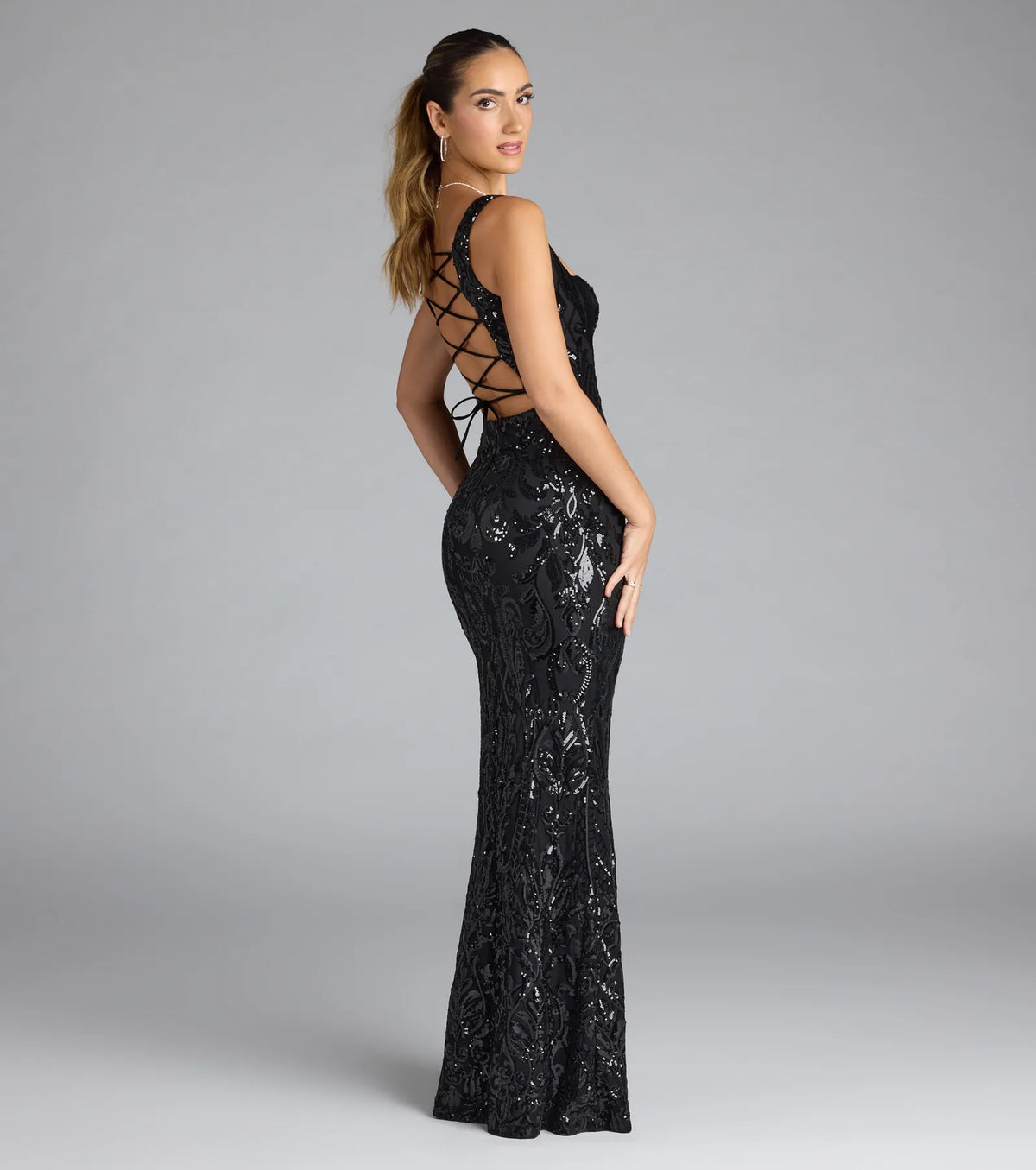 Taylor Lace-Up Slit Sequin Formal Dress