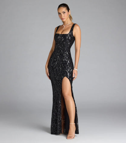 Taylor Lace-Up Slit Sequin Formal Dress