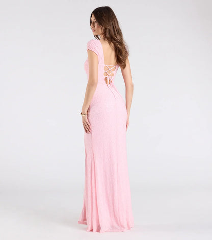 Greta Short Sleeve Lace-Up Slit Beaded Formal Dress