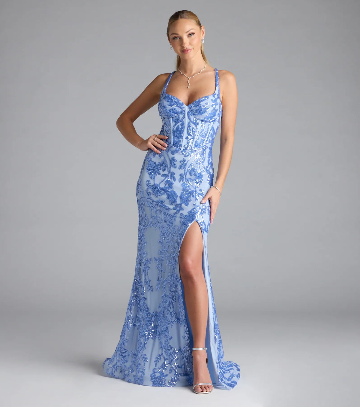 Jaide Lace-Up Corset Slit Sequin Formal Dress
