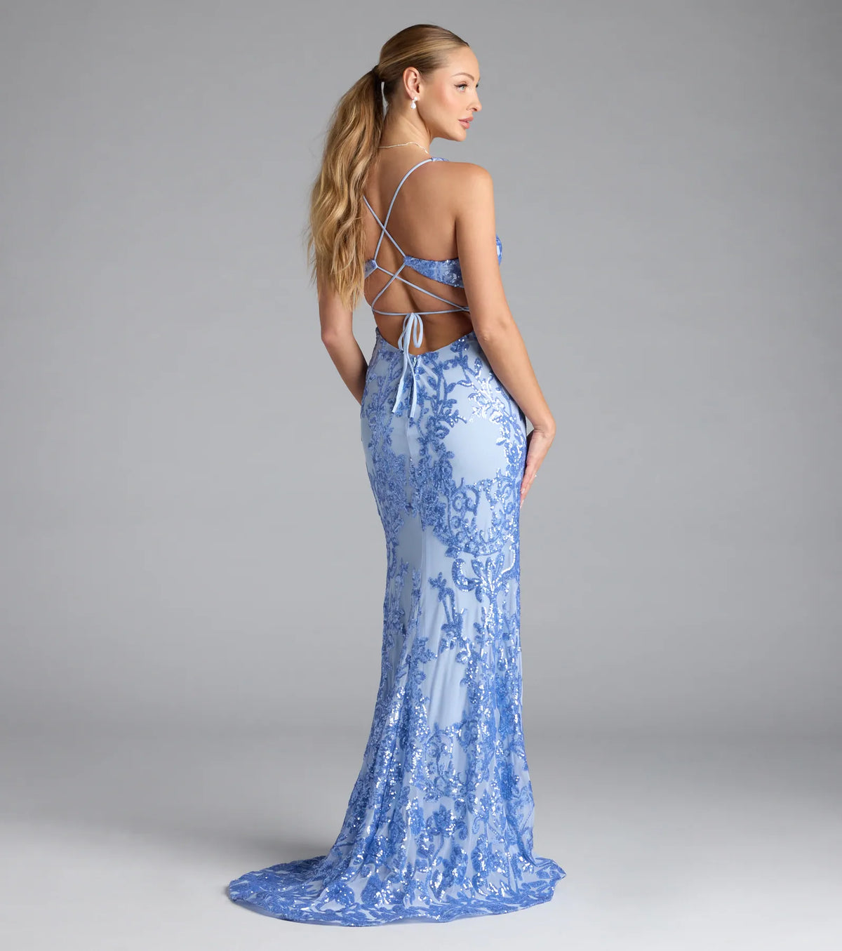 Jaide Lace-Up Corset Slit Sequin Formal Dress
