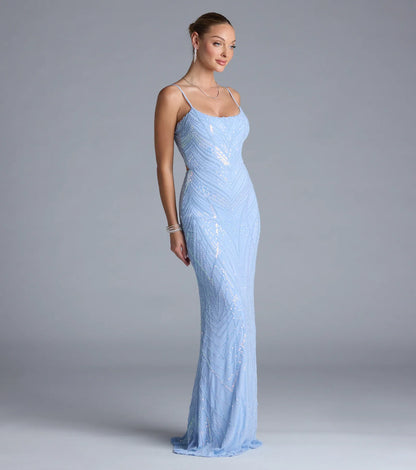 Betsey Lace-Up Mermaid Sequin Bead Formal Dress