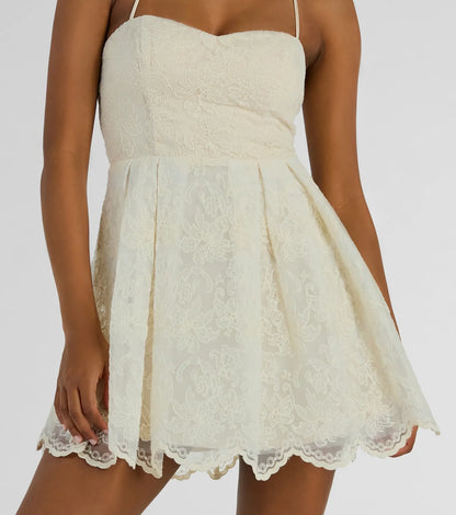 Regal Chic Lace Up Tulle Embroidered Skater Dress