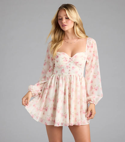 Elevated Outing Floral Long Sleeve Chiffon Skater Dress