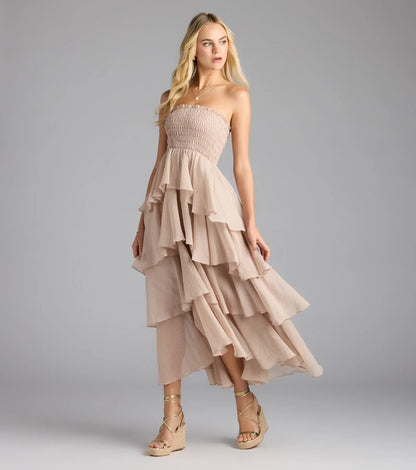 Breezy As Can Be Strapless Ruffled Midi Dress