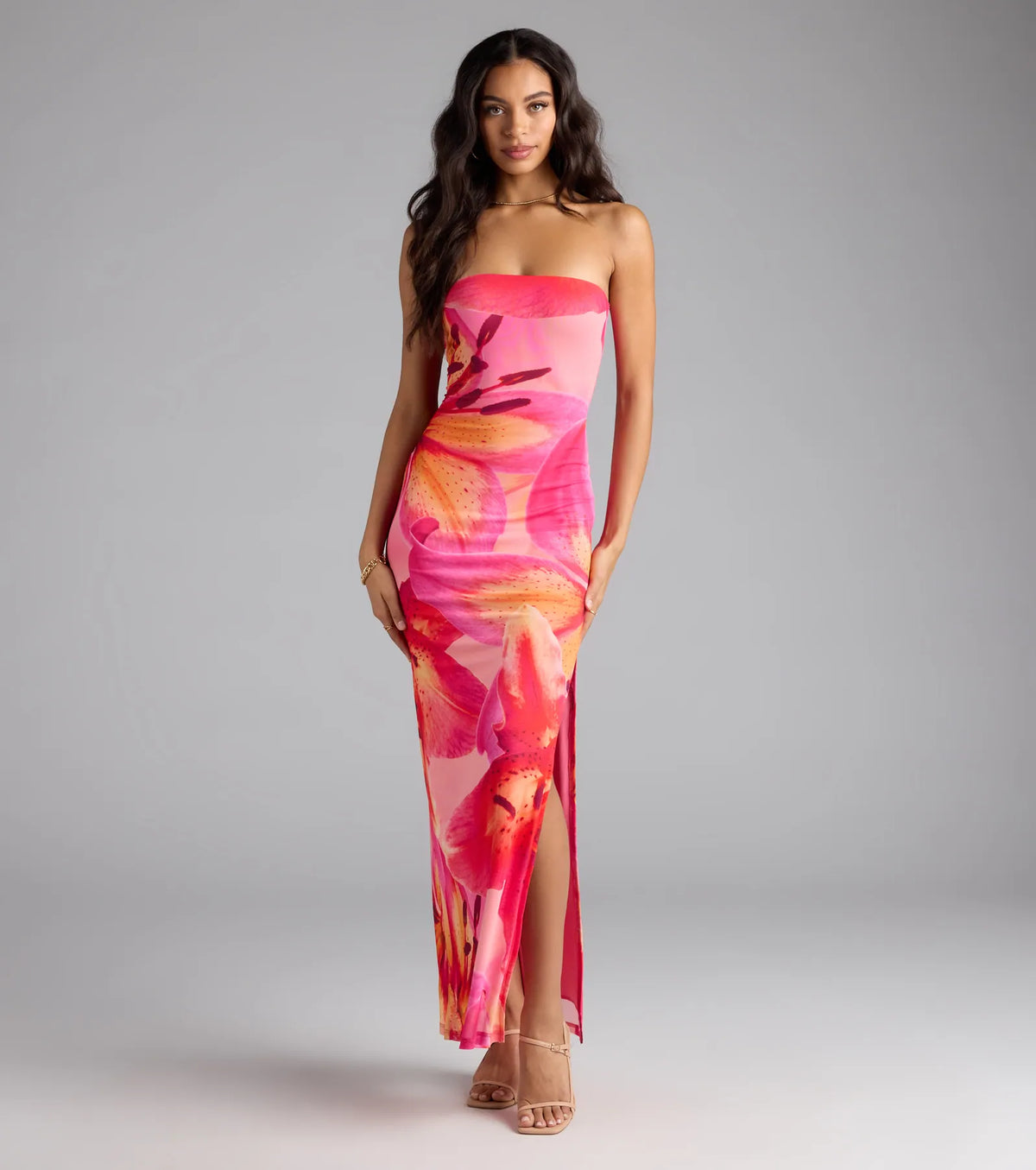 Island Time Tropical Floral Mesh Maxi Dress