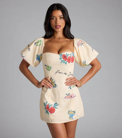 Sent A Postcard Lace-Up Print Mini Dress