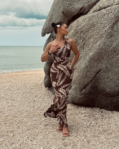 Out Of Office One Shoulder Tropical Maxi Dress