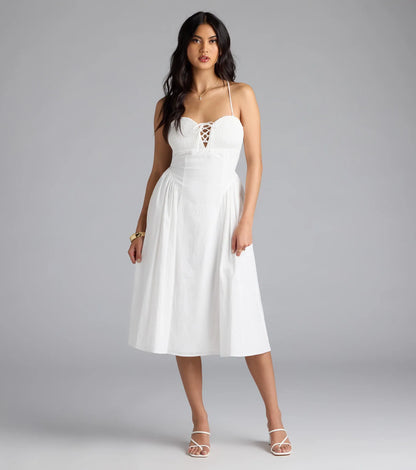 Easy And Breezy Lace-Up Midi Dress With Pockets