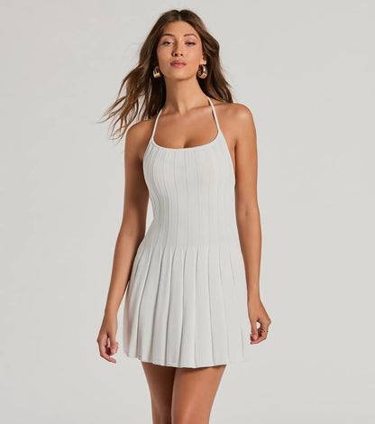 Radiant Cutie Halter Rib Knit Skater Mini Dress