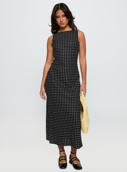 Voyager Linen Blend Midi Dress Black Polka