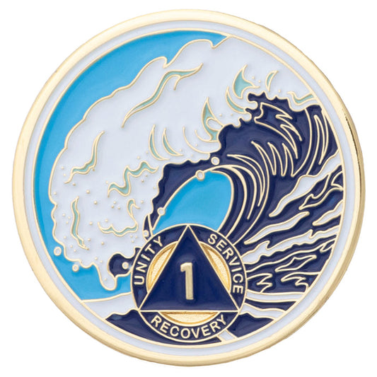1 to 50 Year Sobriety Mint Crashing Wave Gold Plated AA Recovery Medallion/Chip/Coin - Blue/White