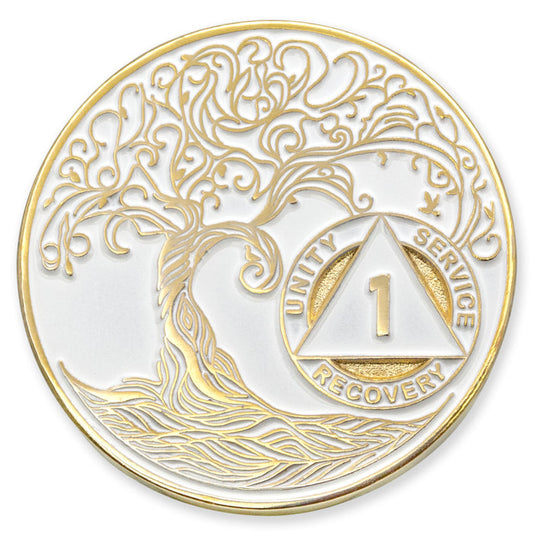 1 to 50 Year Sobriety Mint Twisted Tree of Life Gold Plated AA Recovery Medallion/Chip/Coin - White