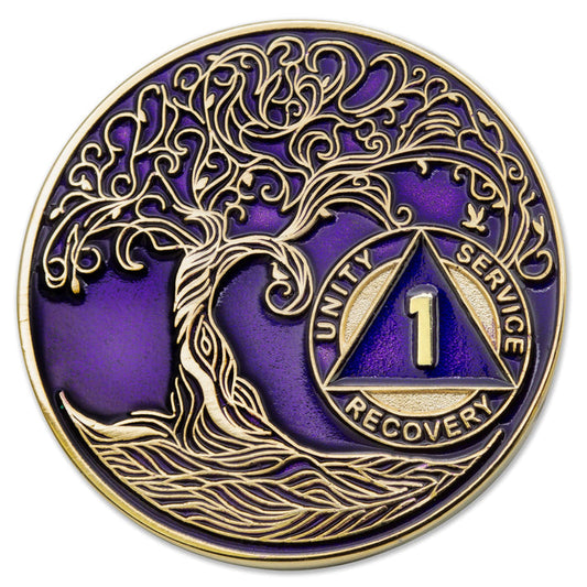 1 to 50 Year Sobriety Mint Twisted Tree of Life Gold Plated AA Recovery Medallion/Chip/Coin - Purple