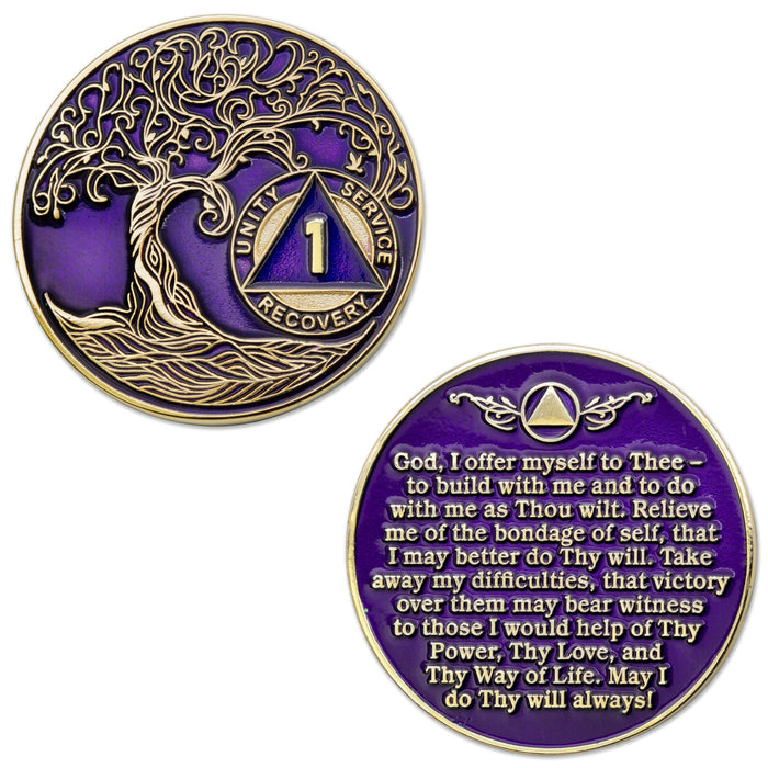 1 to 50 Year Sobriety Mint Twisted Tree of Life Gold Plated AA Recovery Medallion/Chip/Coin - Purple