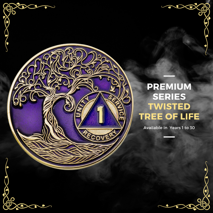 1 to 50 Year Sobriety Mint Twisted Tree of Life Gold Plated AA Recovery Medallion/Chip/Coin - Purple