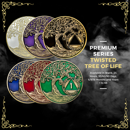 1 to 50 Year Sobriety Mint Twisted Tree of Life Gold Plated AA Recovery Medallion/Chip/Coin - Purple