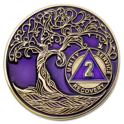 1 to 50 Year Sobriety Mint Twisted Tree of Life Gold Plated AA Recovery Medallion/Chip/Coin - Purple
