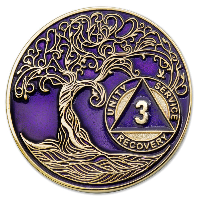 1 to 50 Year Sobriety Mint Twisted Tree of Life Gold Plated AA Recovery Medallion/Chip/Coin - Purple