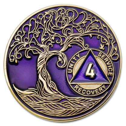 1 to 50 Year Sobriety Mint Twisted Tree of Life Gold Plated AA Recovery Medallion/Chip/Coin - Purple