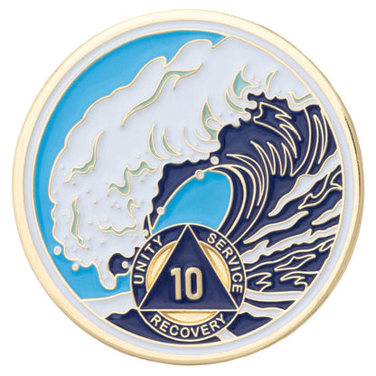 10 Year Sobriety Mint Crashing Wave Gold Plated AA Recovery Medallion - Ten Year Chip/Coin - Blue/White
