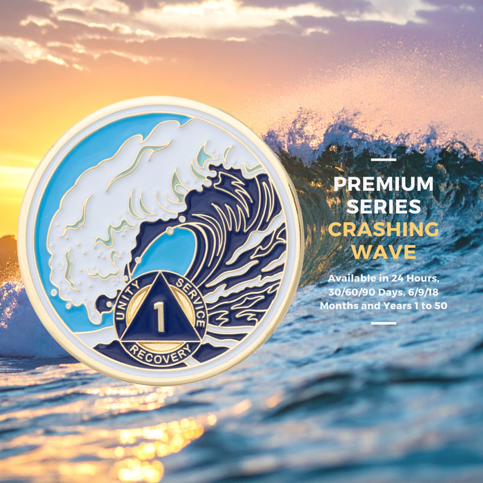 10 Year Sobriety Mint Crashing Wave Gold Plated AA Recovery Medallion - Ten Year Chip/Coin - Blue/White