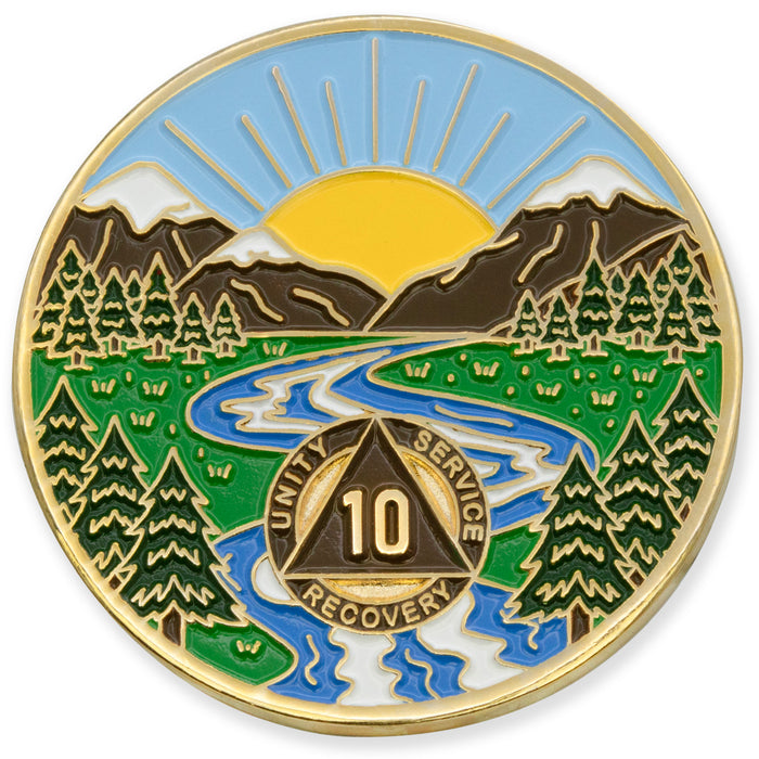 10 Year Sobriety Mint Winding River Gold Plated AA Recovery Medallion - Ten Year Chip/Coin