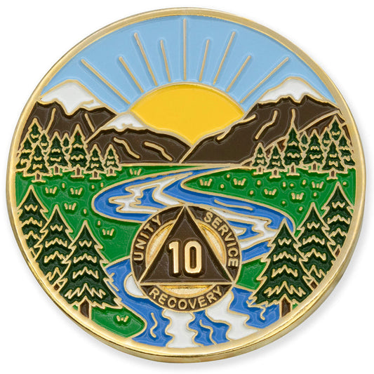 10 Year Sobriety Mint Winding River Gold Plated AA Recovery Medallion - Ten Year Chip/Coin