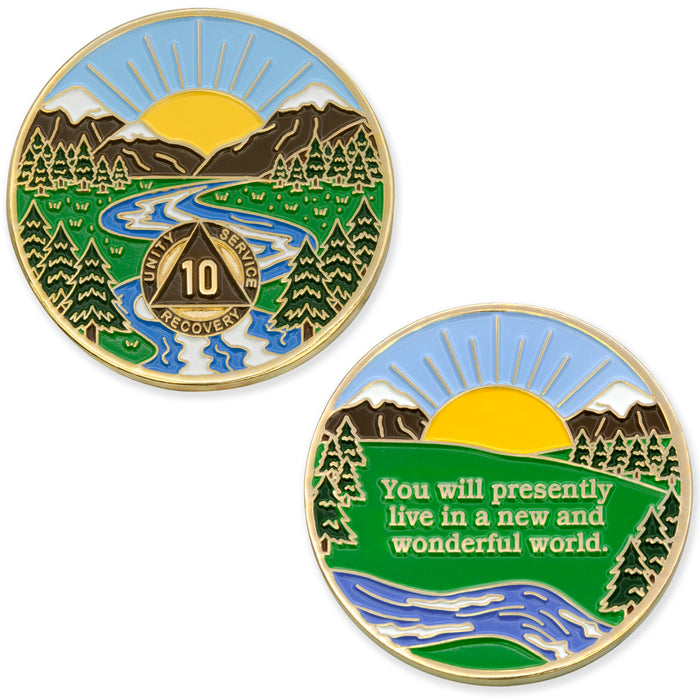 10 Year Sobriety Mint Winding River Gold Plated AA Recovery Medallion - Ten Year Chip/Coin